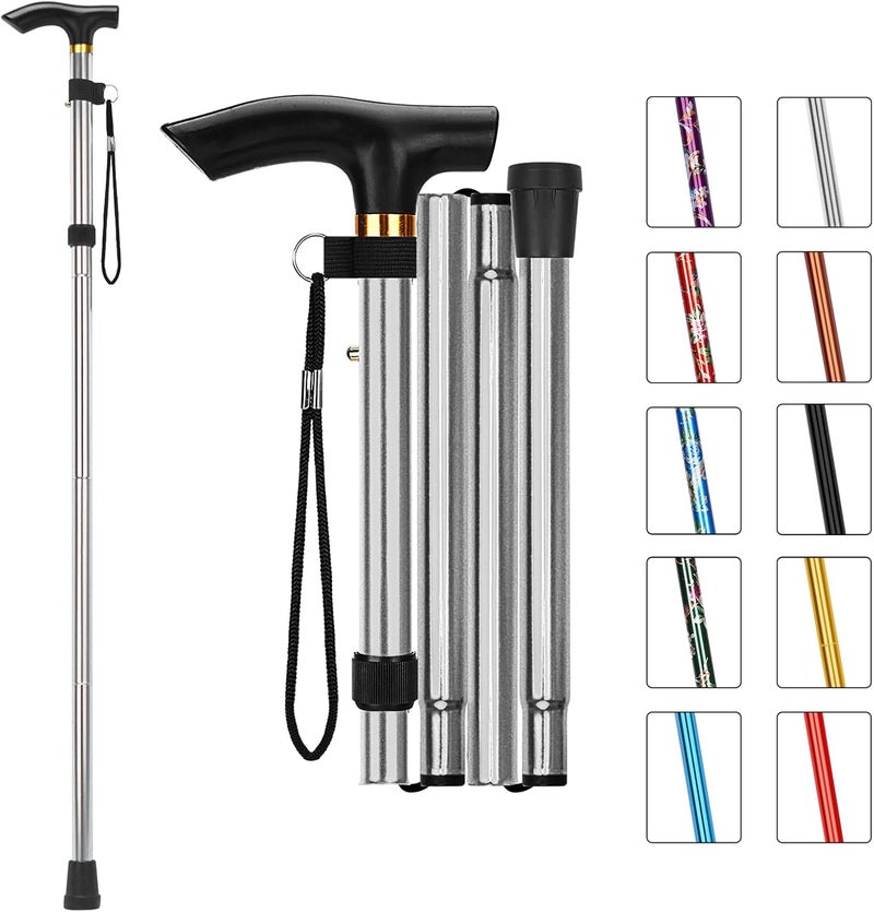 MFE Folding Cane, Portable 5-Level Adjustable Height Walking Stick with Foldable Design, Wrist Strap, and T Handle for Men and Women - Image 1